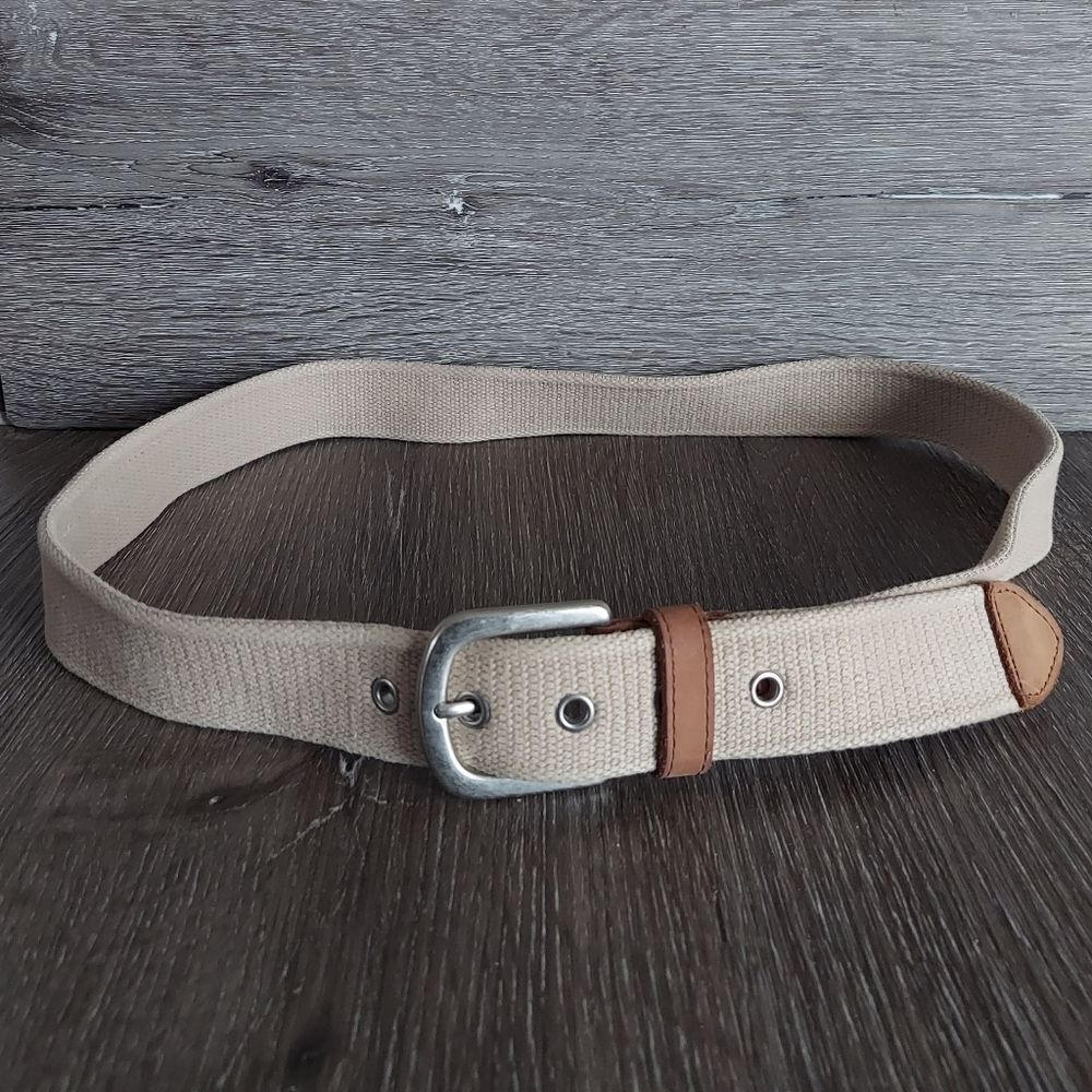 Fossil Utility Gear Beige Cotton Web Belt Men's Size 38 Solid Brass Buckle